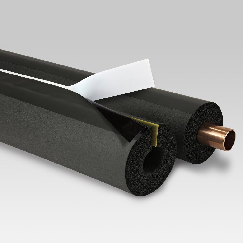 Close-up of AEROFLEX Self-Seal EPDM closed-cell elastomeric pipe insulation with quick-release liner and self-seal adhesive closure for faster pipe insulation installation.